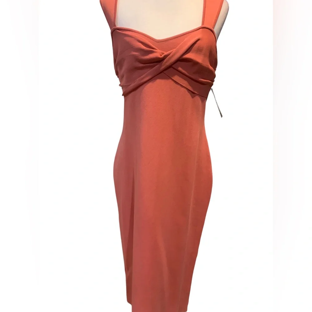 Elegant Coral Twist-Front Midi Dress | Sleeveless Bodycon Cocktail Dress - NWT - Picture 3 of 6
